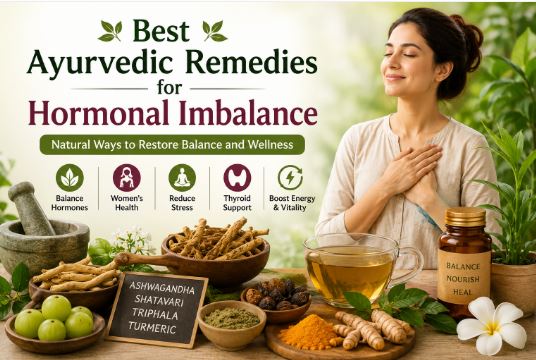 Natural Ayurvedic remedies for hormonal imbalance with herbs, healthy foods, and holistic wellness practices by Morningsun
